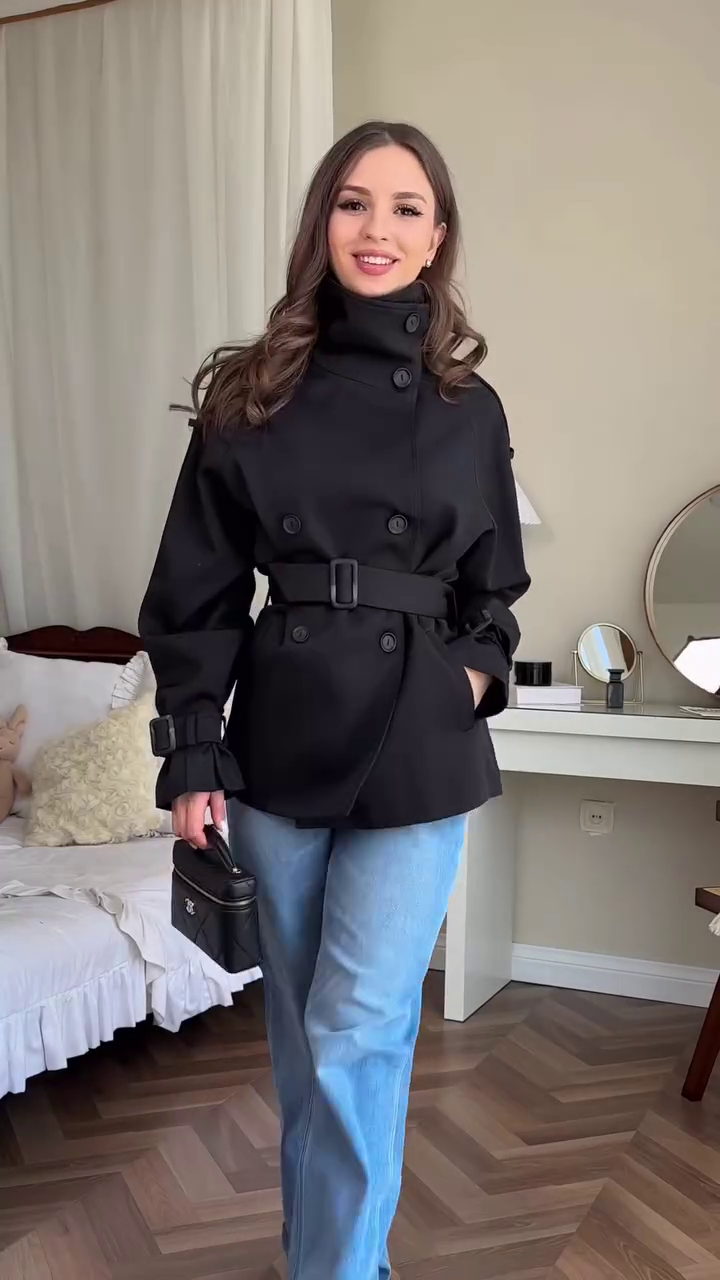 Women's Winter Navy Double-Breasted Belted Coat - Image 4
