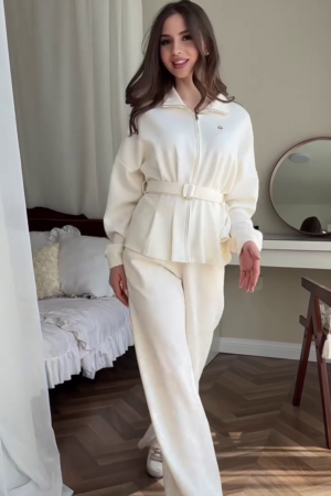 Women's Winter White Belted Zip Jacket & Wide-Leg Pants Set