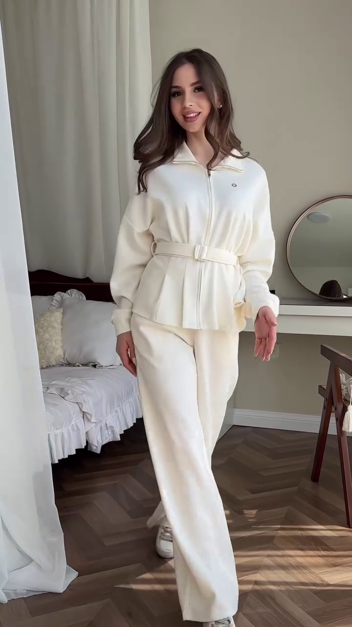 Women's Winter White Belted Zip Jacket & Wide-Leg Pants Set