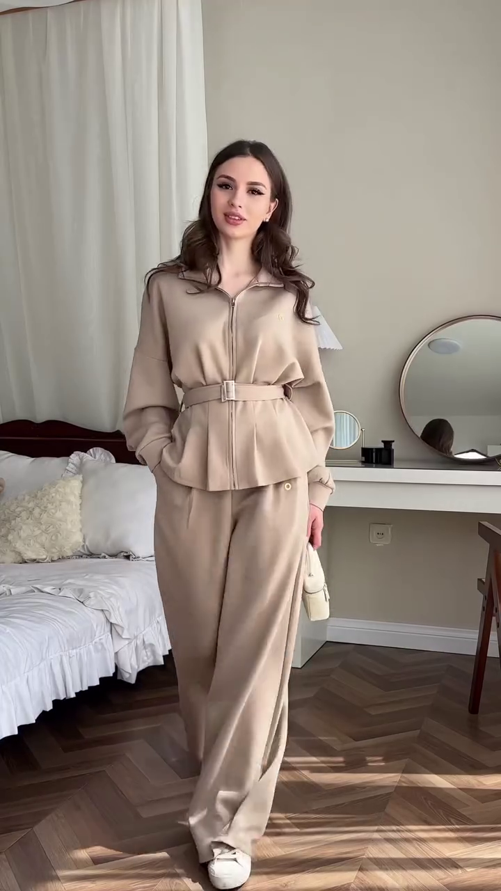 Women's Winter White Belted Zip Jacket & Wide-Leg Pants Set - Image 2