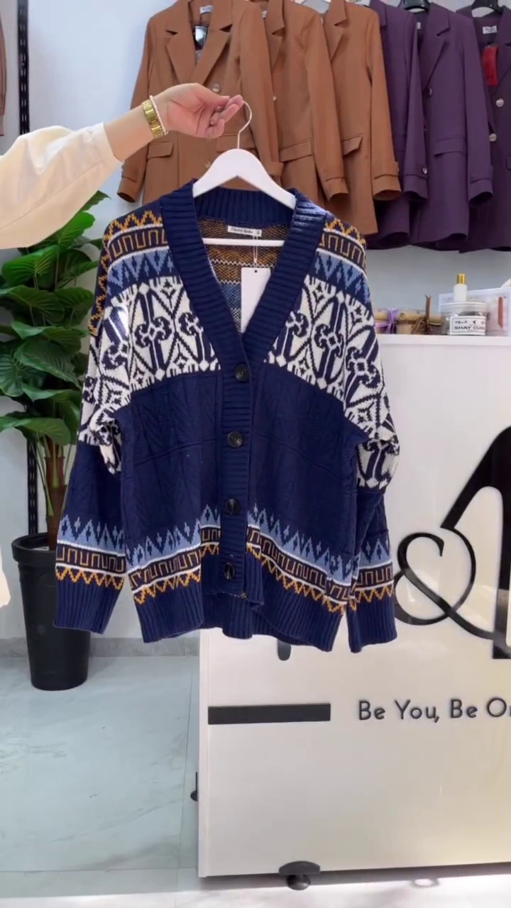 Navy Blue Geometric Printed Button-Front Cardigan