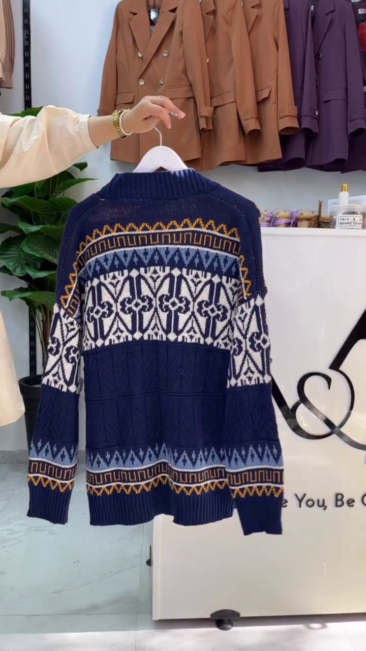 Navy Blue Geometric Printed Button-Front Cardigan - Image 2