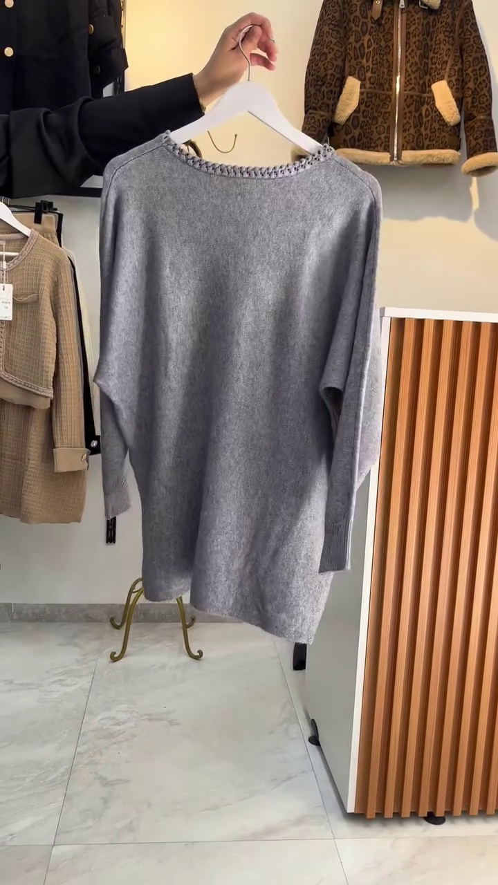 Grey Solid Round-Neck Knit Top - Image 2