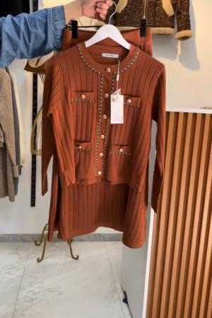 Brown Pleated Button-Front Top with Matching Skirt Set