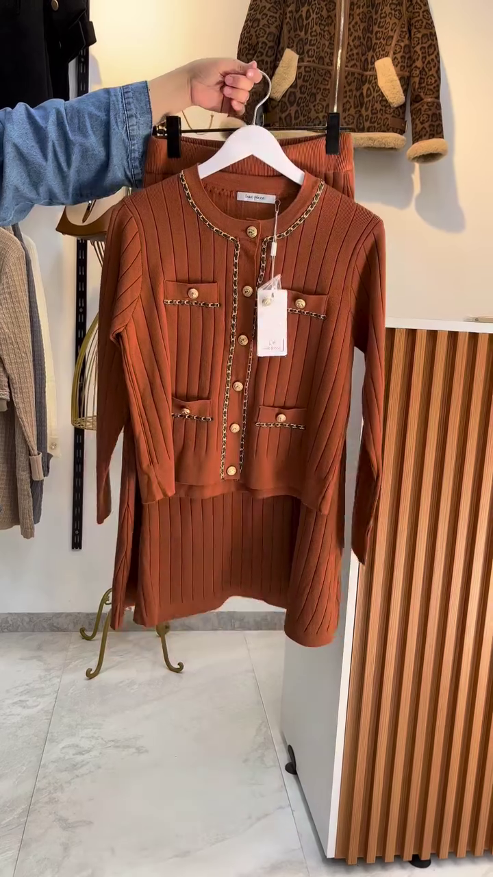 Brown Pleated Button-Front Top with Matching Skirt Set