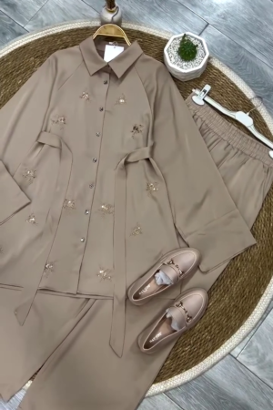 Beige Embroidered Shirt with Pants