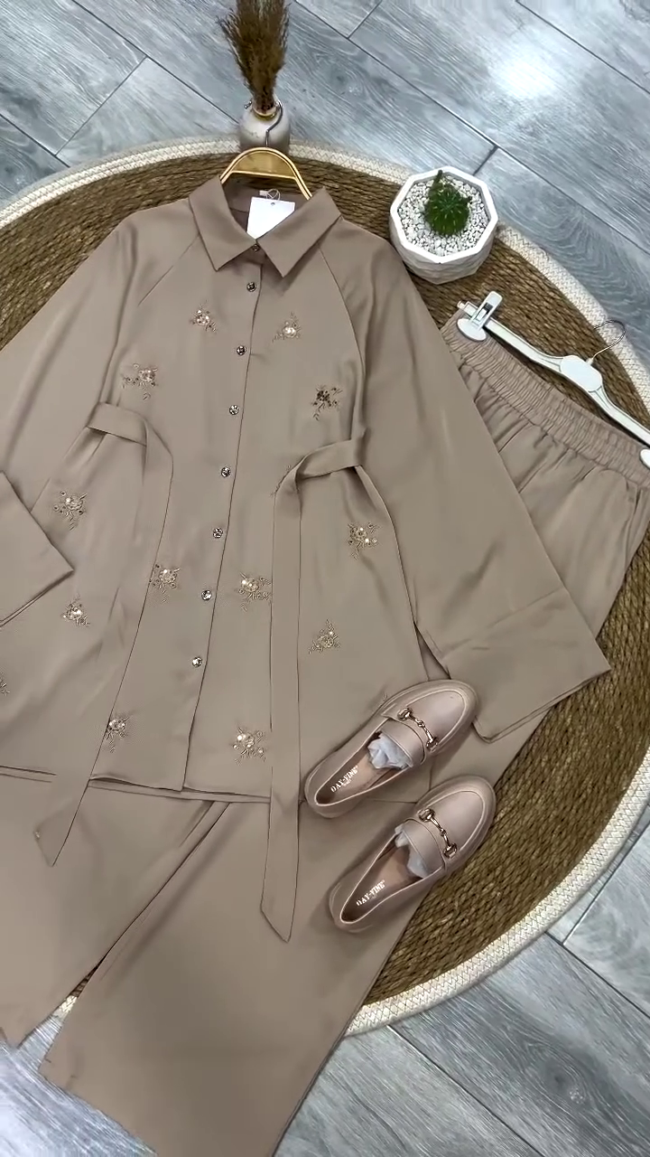 Beige Embroidered Shirt with Pants